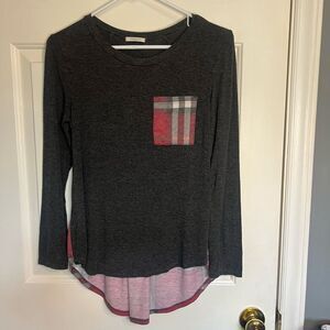 12 Pm By Mon Ami Gray and Red Plaid Detail Long Sleeve Tee Sz Small to Medium